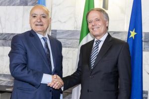 Italian Minister of Foreign Affairs and International Cooperation, Enzo Moavero Milanesi (R), meets the UN Special Envoy for Libya, Ghassan Salame, at Farnesina Palace in Rome, Italy, 24 April 2019. ANSA/ANGELO CARCONI
