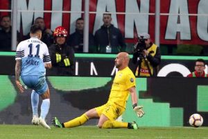 Lazio's Joaquin Correa (L) scores the goal during the Italy Cup semifinal second leg soccer match AC Milan vs SS Lazio at the Giuseppe Meazza stadium in Milan, Italy, 24 April 2019.
ANSA/MATTEO BAZZI
