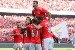 Benfica's Joao Felix (2-L) celebrates with his teammates after scoring a goal against Santa Clara during their Portuguese First League soccer match between Benfica and Santa Clara held at Luz Stadium in Lisbon, Portugal, 18 May 2019. ANTONIO COTRIM / LUSA